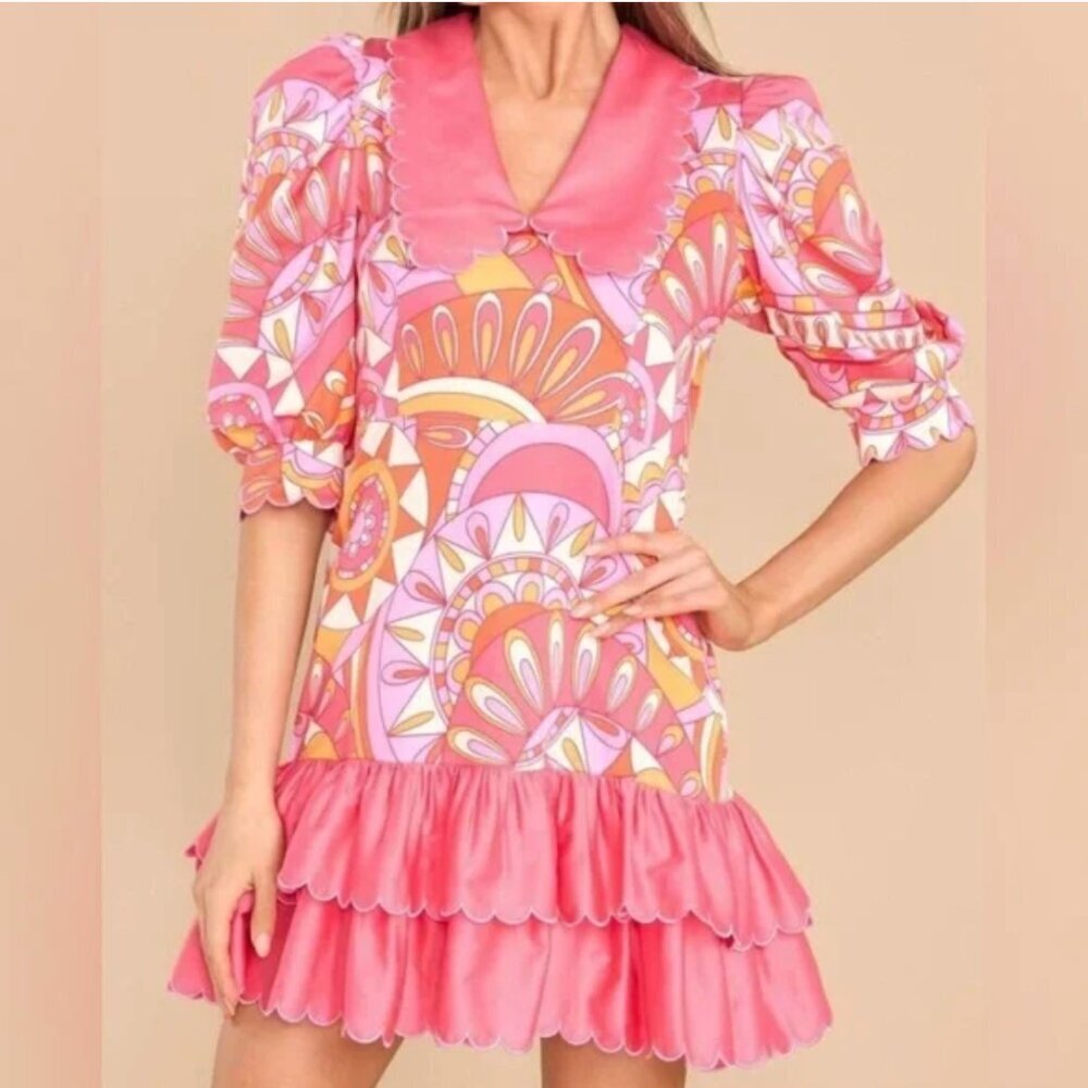 Alden Adair Piper Dress Groovy Baby Scalloped Collar Retro Paisley Pink Medium - Picture 10 of 11